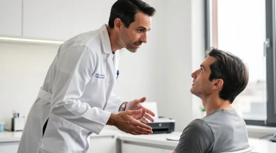 Chirurgien orthopédiste discutant avec un patient lors d'une consultation préopératoire genou