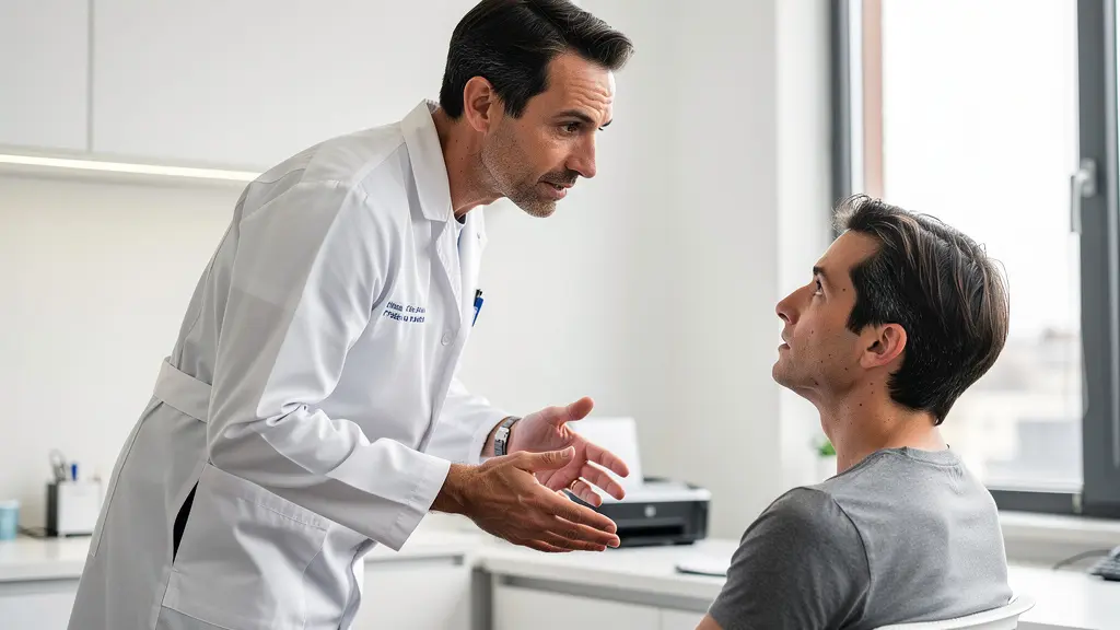 Chirurgien orthopédiste discutant avec un patient lors d'une consultation préopératoire genou