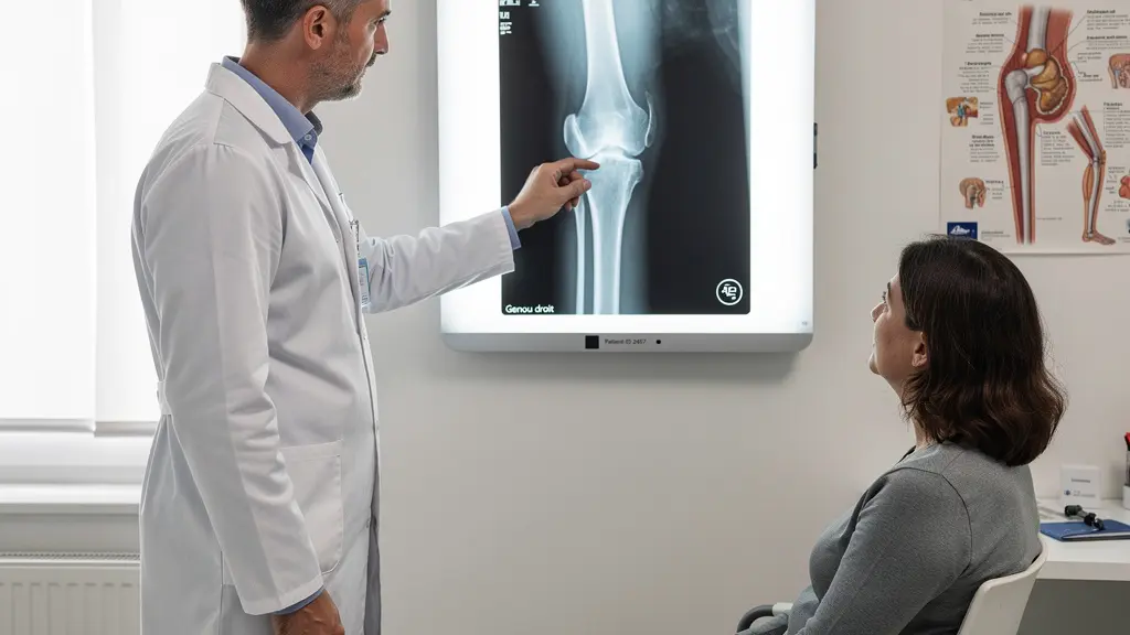 Médecin montrant une radiographie de genou sur écran lumineux à un patient lors d'une consultation explicative