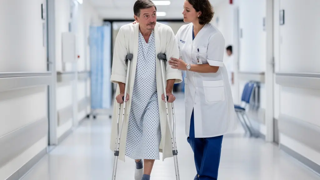 Patient utilisant des béquilles dans un couloir d'hôpital accompagné d'un soignant pour la première mobilisation