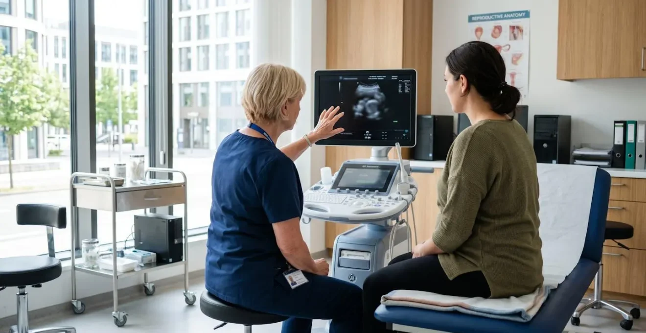 Un médecin et un patient vus de dos observent ensemble un écran d'échographie dans un cabinet médical lumineux et moderne