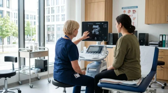 Un médecin et un patient vus de dos observent ensemble un écran d'échographie dans un cabinet médical lumineux et moderne