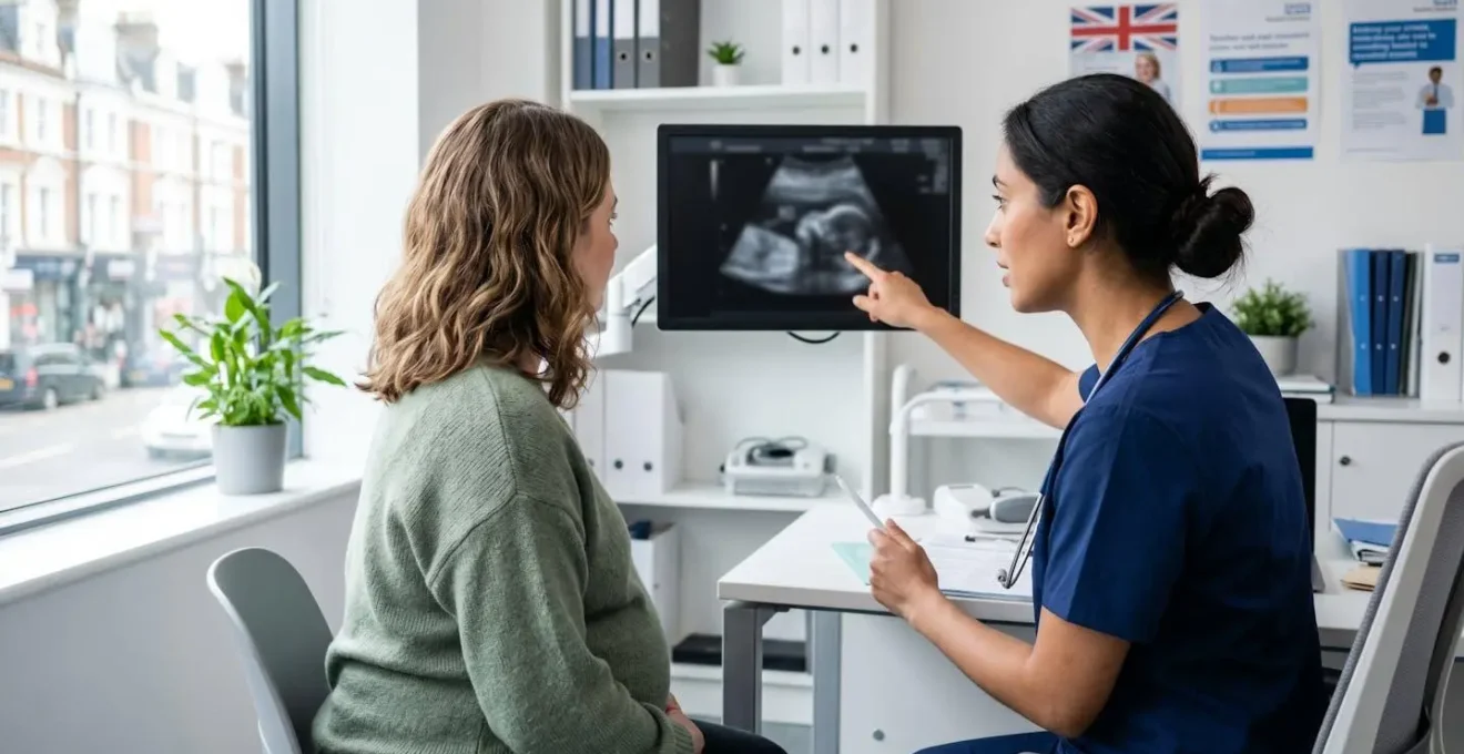 Un médecin et un patient vus de dos observent ensemble un écran d'échographie dans un cabinet médical lumineux et moderne