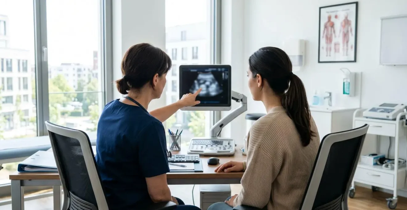 Un médecin et un patient vus de dos observent ensemble un écran d'échographie dans un cabinet médical lumineux et moderne