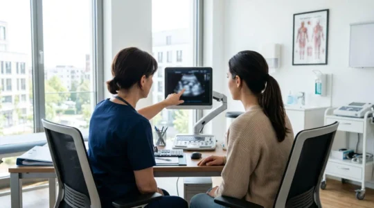 Un médecin et un patient vus de dos observent ensemble un écran d'échographie dans un cabinet médical lumineux et moderne