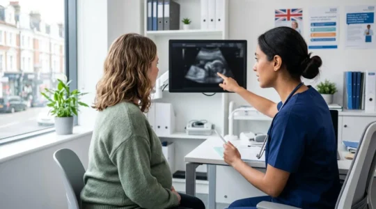 Un médecin et un patient vus de dos observent ensemble un écran d'échographie dans un cabinet médical lumineux et moderne