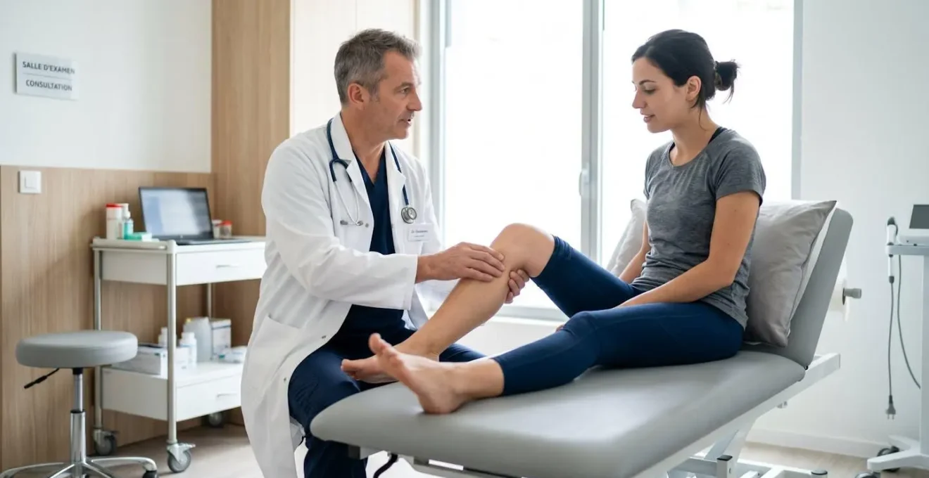 Un chirurgien orthopédiste examine le genou d'un patient assis sur une table d'examen dans un cabinet médical moderne