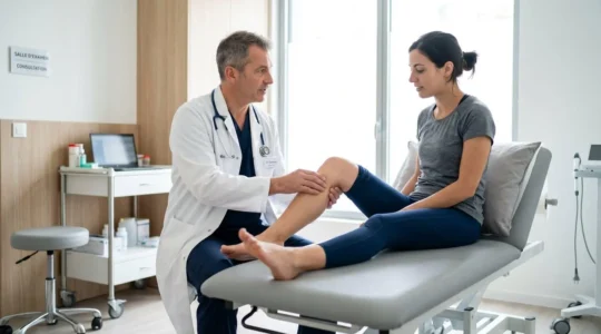 Un chirurgien orthopédiste examine le genou d'un patient assis sur une table d'examen dans un cabinet médical moderne