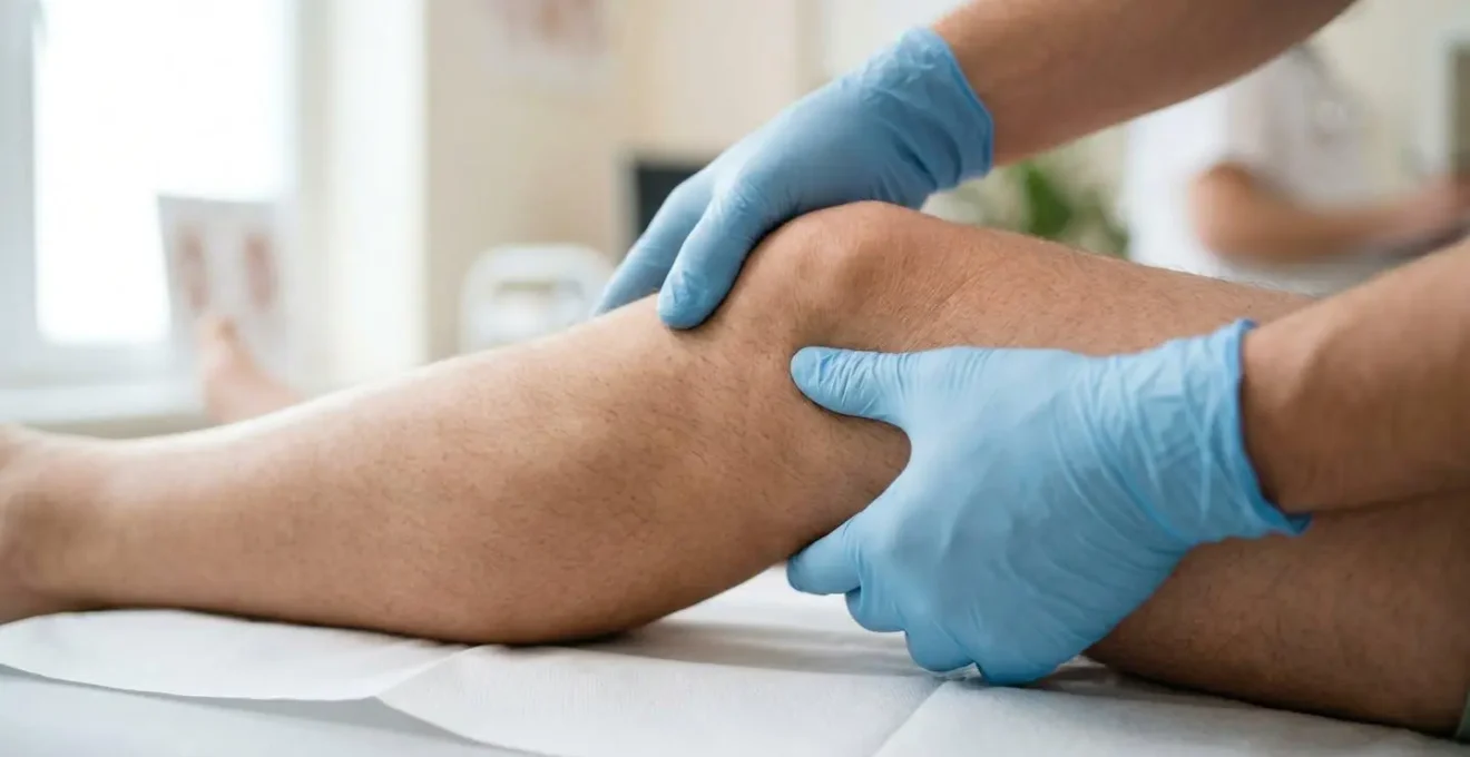 Gros plan sur les mains d'un praticien effectuant un test de laxité sur le genou d'un patient lors d'un examen clinique