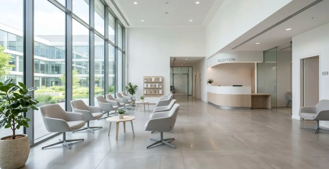 Salle d'attente médicale contemporaine vide avec mobilier épuré, grandes fenêtres laissant entrer la lumière naturelle et ambiance calme
