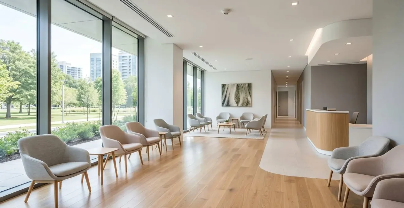 Salle d'attente médicale contemporaine vide avec mobilier épuré, grandes fenêtres laissant entrer la lumière naturelle et ambiance calme