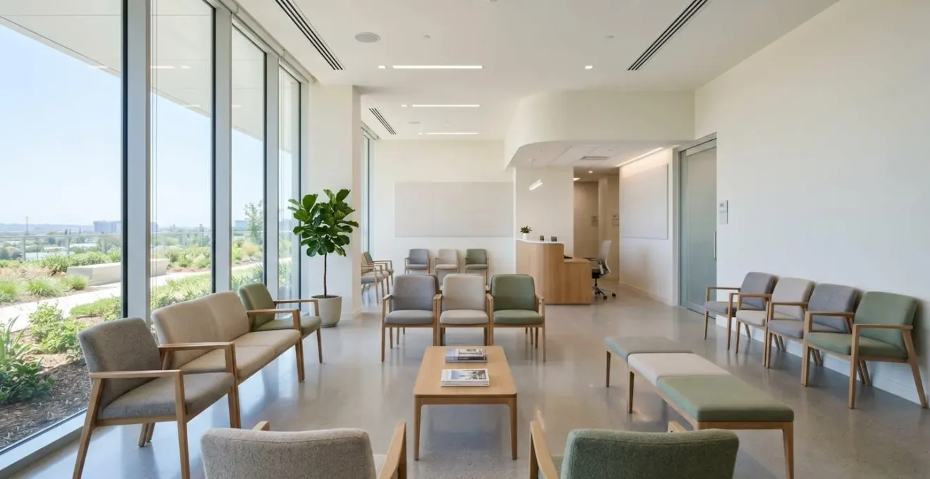 Salle d'attente médicale contemporaine vide avec mobilier épuré, grandes fenêtres laissant entrer la lumière naturelle et ambiance calme