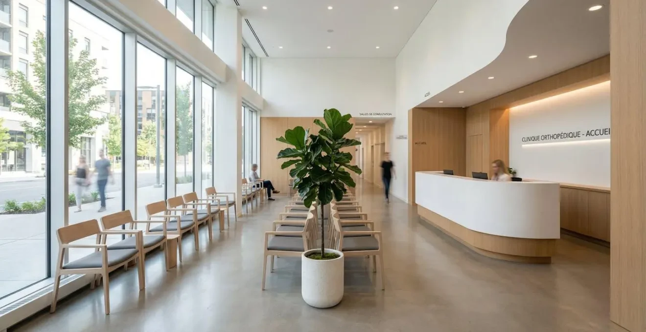 Salle d'attente contemporaine d'un cabinet d'orthopédie avec lumière naturelle abondante, design épuré et mobilier moderne