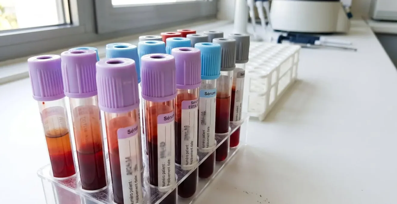 Gros plan sur plusieurs tubes à prélèvement sanguin étiquetés posés sur une surface blanche dans un environnement médical lumineux