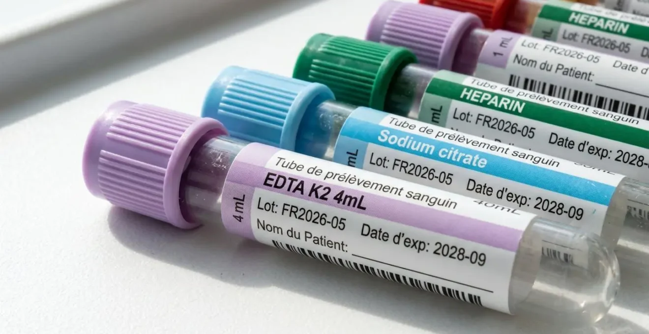 Gros plan sur plusieurs tubes à prélèvement sanguin étiquetés posés sur une surface blanche dans un environnement médical lumineux