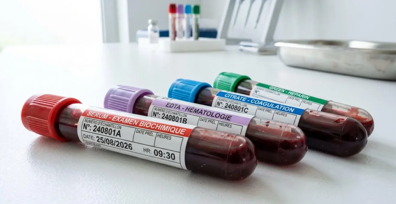 Gros plan sur plusieurs tubes à prélèvement sanguin étiquetés posés sur une surface blanche dans un environnement médical lumineux